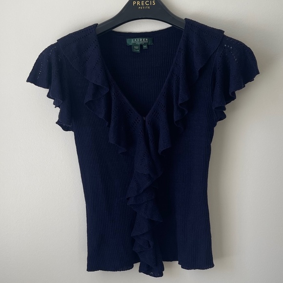 Navy Blue Knit Top with Pointelle Ruffles - Picture 3 of 9